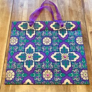 Gorgeous embellished gift bag in purple, green and gold, 16x14x6”